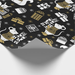 Christmas White Black Gold Mice Gift Packages Wrapping Paper