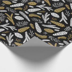 Christmas White Black Gold Pine Cones Branches Wrapping Paper