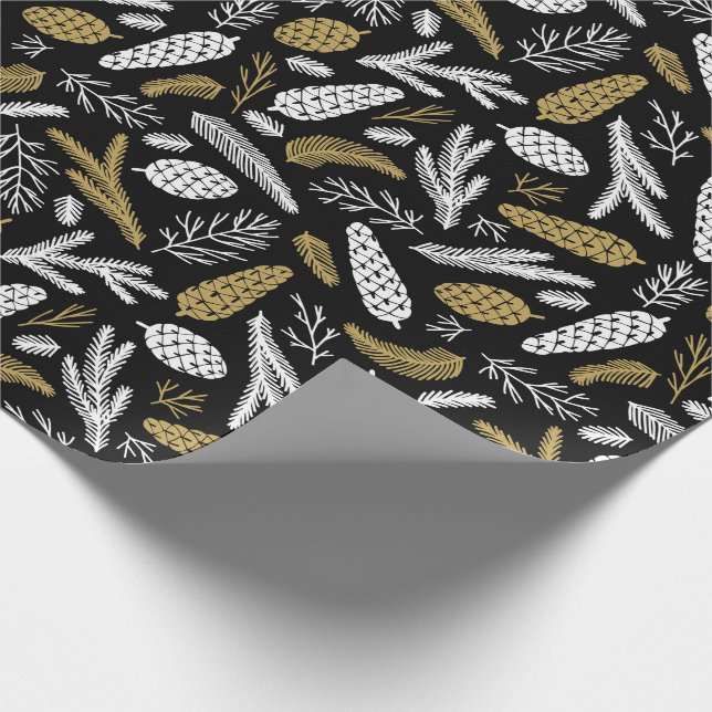 Christmas White Black Gold Pine Cones Branches Wrapping Paper (Corner)