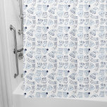 Christmas white blue knitted winter wear shower curtain<br><div class="desc">White background with a pattern in blue of knitted mittens,  socks and beanies.</div>