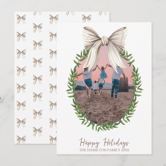 Christmas White Bow Coquette Wreath Photo Holiday Card (Front/Back)