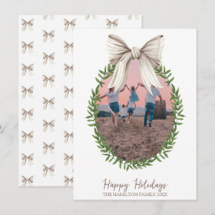 Christmas White Bow Coquette Wreath Photo Holiday Card