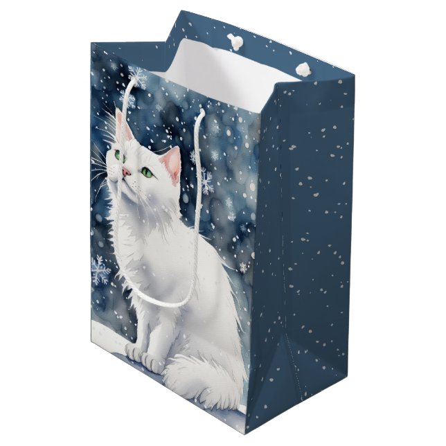 Christmas White Cat In Snowflakes Medium Gift Bag (Front Angled)