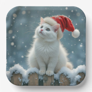 Christmas White Cat Wearing a Santa Hat Paper Plate
