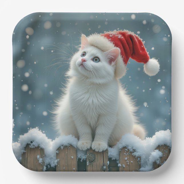 Christmas White Cat Wearing a Santa Hat Paper Plate (Front)