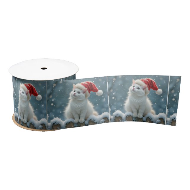 Christmas White Cat Wearing a Santa Hat Satin Ribbon (Spool)