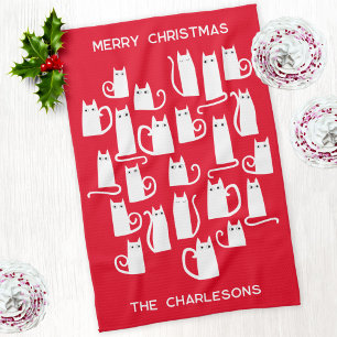 Christmas White Cats Personalised Name Tea Towel