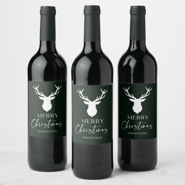 Christmas White Deer Customised Dark Green Wine Label (Bottles)