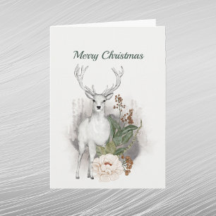 Christmas White Deer Floral Watercolor Holiday Card