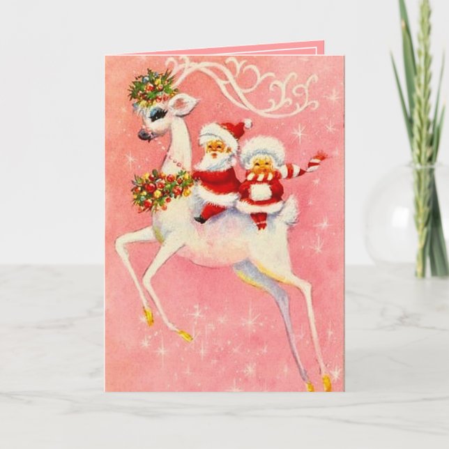 Christmas White Deer Mr. & Mrs. Santa Claus Card (Front)