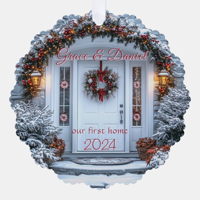 Christmas White Door Wreath "our first home" Tree Decoration Card (Front)