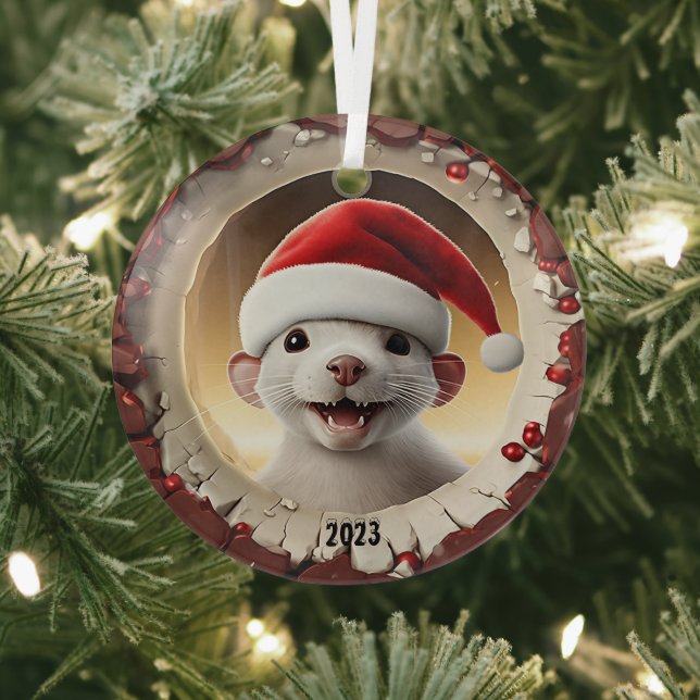 Christmas White Ferret  Glass Tree Decoration (Insitu)