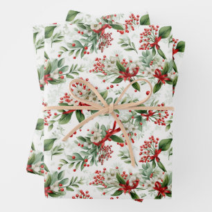 Christmas White Flowers and Red Berries  Wrapping Paper Sheet