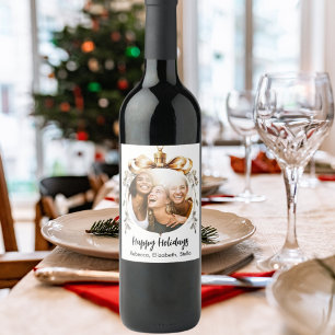 Christmas white gold bauble friends photo party wine label