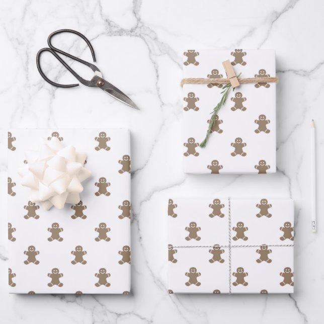 Christmas white gold cute gingerbread man pattern wrapping paper sheet (Front)