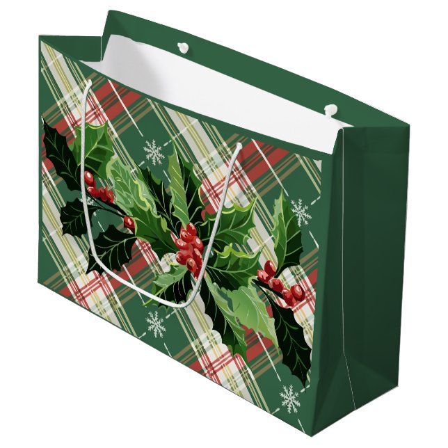 Christmas White Gold Plaid With Wreath Large Gift Bag (Front Angled)