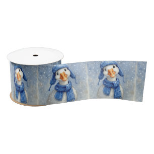 Christmas White Goose In Blue Hat and Scarf Satin Ribbon