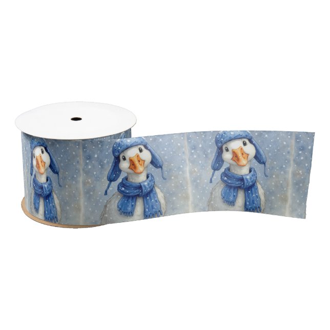 Christmas White Goose In Blue Hat and Scarf Satin Ribbon (Spool)