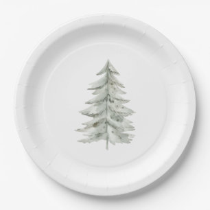 Christmas White Green Tree Paper Plate