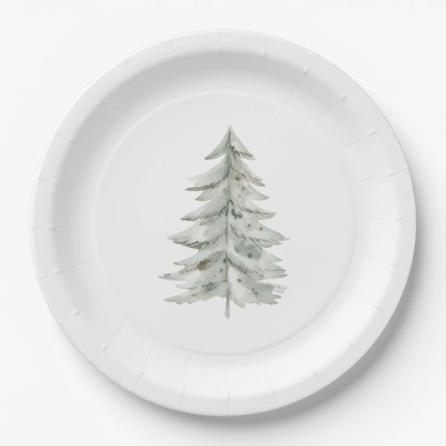 Christmas White Green Tree Paper Plate (Front)