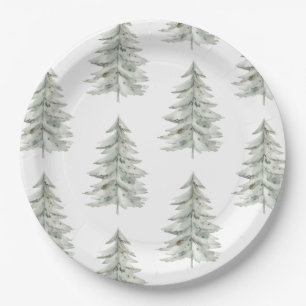 Christmas White Green Trees Paper Plate
