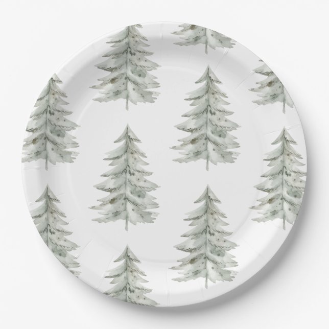Christmas White Green Trees Paper Plate (Front)