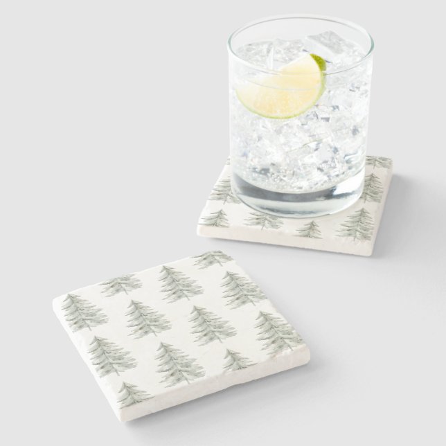 Christmas White Green Trees Stone Coaster (Side)