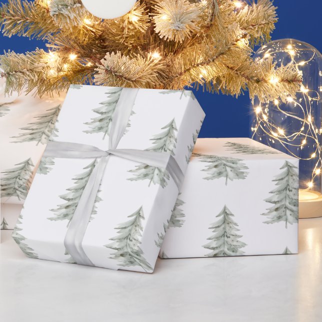 Christmas White Green Trees Wrapping Paper (Holidays)