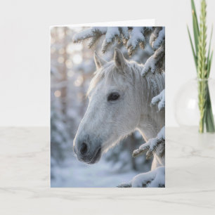 Christmas White Horse In Snowy Pine Tree Card