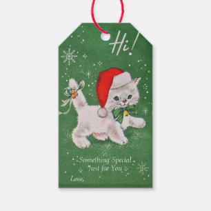 Christmas White Kitten Green Bow Gold Bells Gift Tags