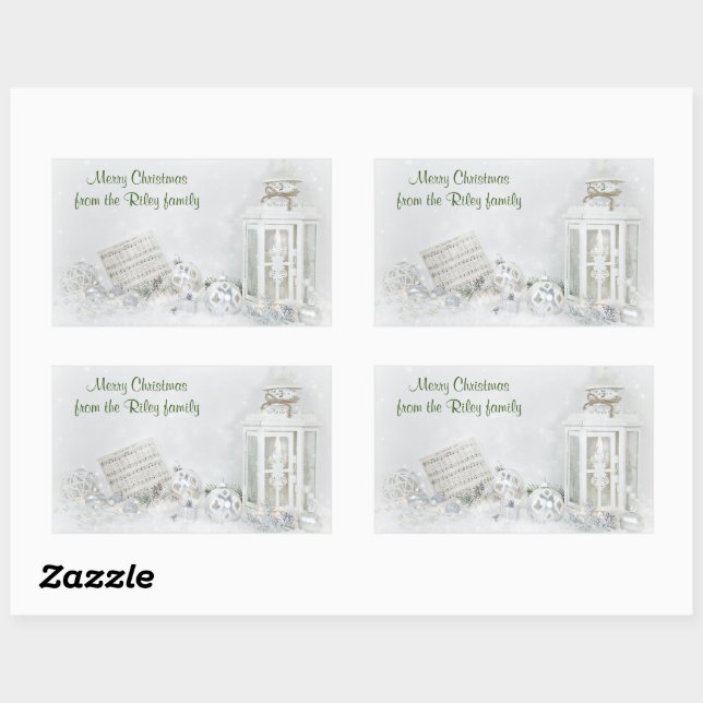 Christmas white lantern with ornaments in snow rectangular sticker (Sheet)