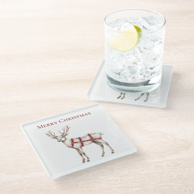 Christmas White Peppermint Deer Glass Coaster (Angled)