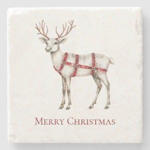 Christmas White Peppermint Deer Stone Coaster