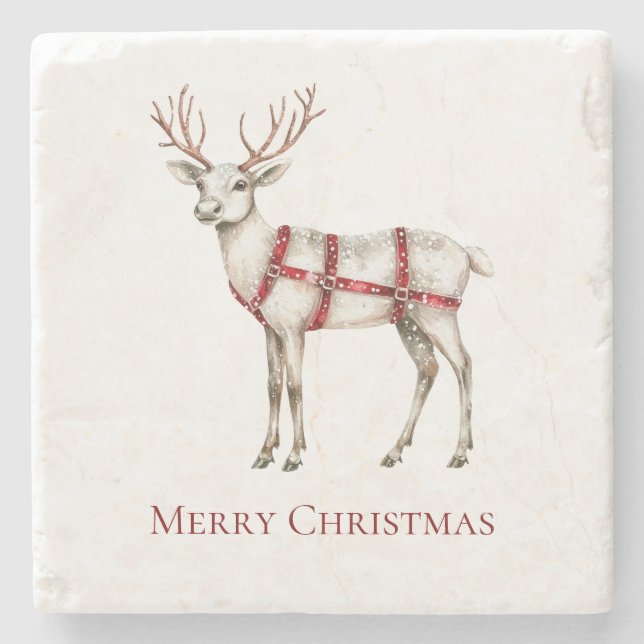Christmas White Peppermint Deer Stone Coaster (Front)