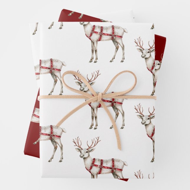Christmas White Peppermint Deer Wrapping Paper Sheet (In situ)
