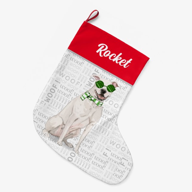 Christmas White Pit Bull with Dog's Name Large Christmas Stocking (Front (Hanging))