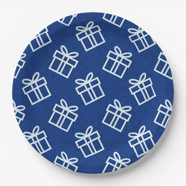 Christmas White Presents with Blue Background    Paper Plate (Front)