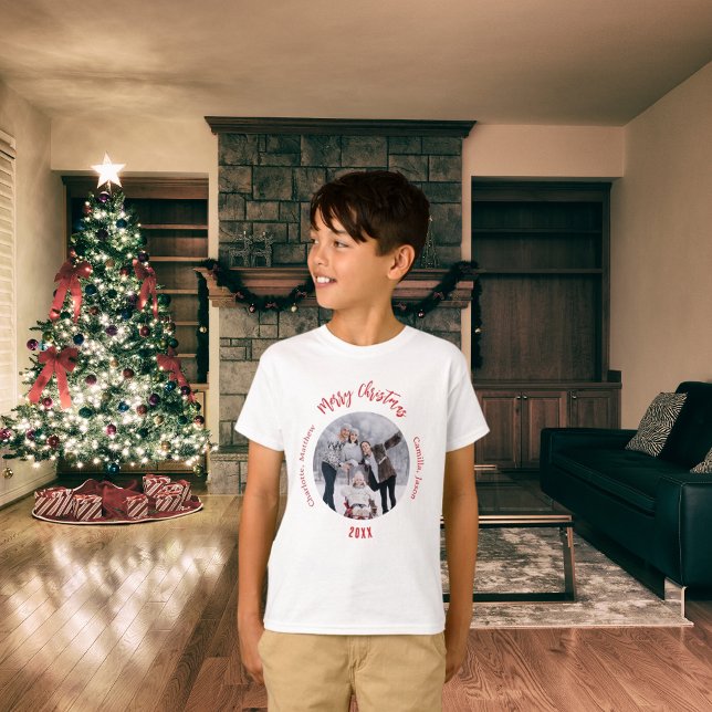 Christmas white red family photo names kids T-Shirt (Creator Uploaded)