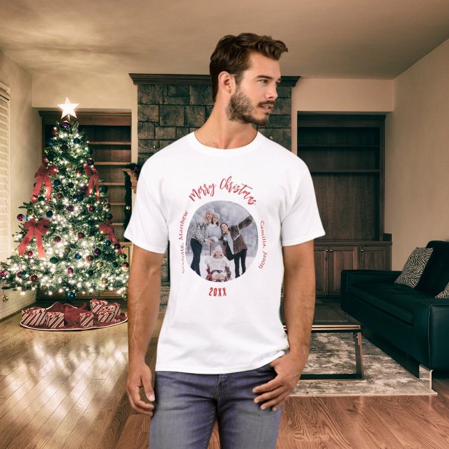 Christmas white red family photo names T-Shirt (Creator Uploaded)