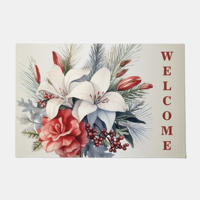Christmas White Red Flowers Holidays Elegant Doormat (Front)
