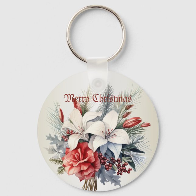 Christmas White Red Flowers Holidays Elegant Key Ring (Front)