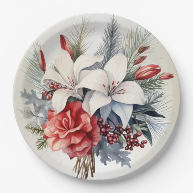 Christmas White Red Flowers Holidays Elegant Paper Plate (Front)