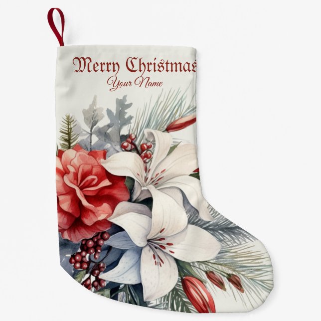 Christmas White Red Flowers Holidays Elegant Small Christmas Stocking (Front)