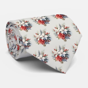 Christmas White Red Flowers Holidays Elegant Tie