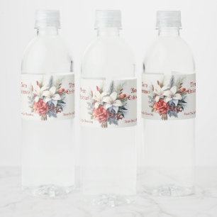 Christmas White Red Flowers Holidays Elegant Water Bottle Label