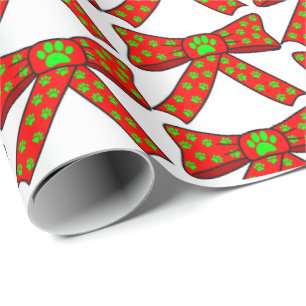Christmas White Red Green Dog Paw Pattern Ribbon Wrapping Paper