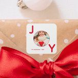 Christmas white red photo joy square sticker<br><div class="desc">A simple modern minimalist Christmas sticker in red and white.  A chic white background,  with the word JOY written with red bold letters.  The letter O is used as a photo frame.  Personalise and add your own family photo,  name and year.</div>