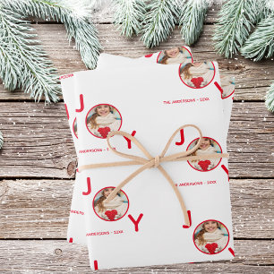 Christmas white red photo joy wrapping paper sheet
