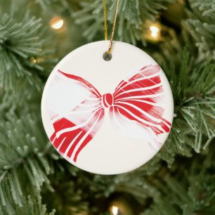 Christmas White & Red Plaid Tied With Bow Photo Ceramic Tree Decoration