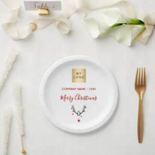Christmas white red reindeer business logo paper plate
